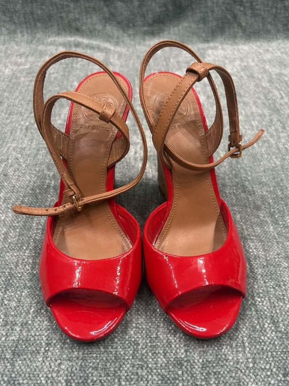Tory Burch Wedge Sandals Size 7 M Red Patent Leather Cork Ankle Strap